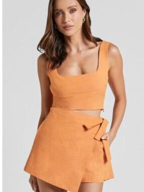 Showpo Orange Linen-Blend Square Neck Crop Top & Wrap Skort Set